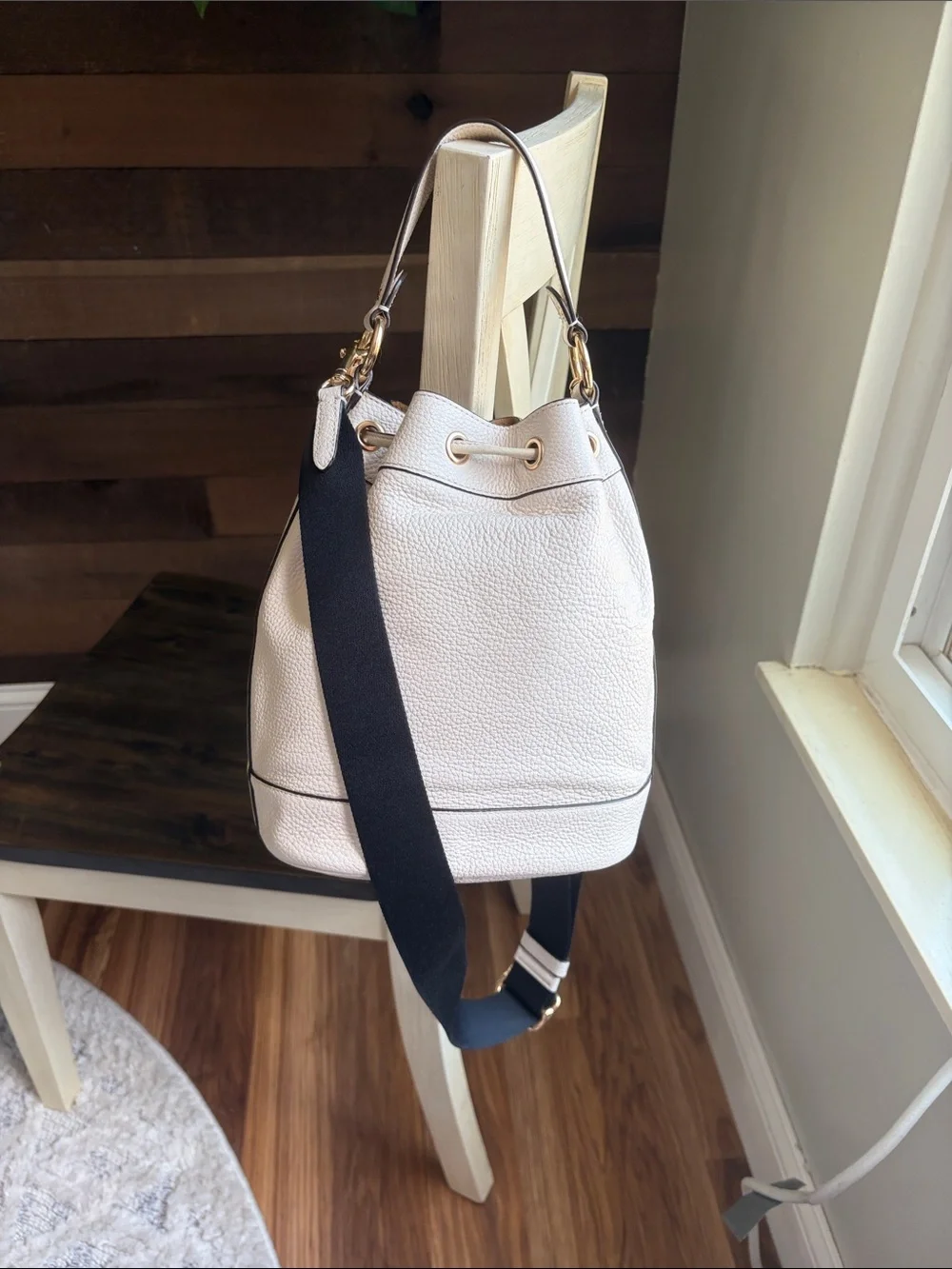 Coach Dempsey Pebbled Leather Drawstring Bucket Bag with Black Strap
